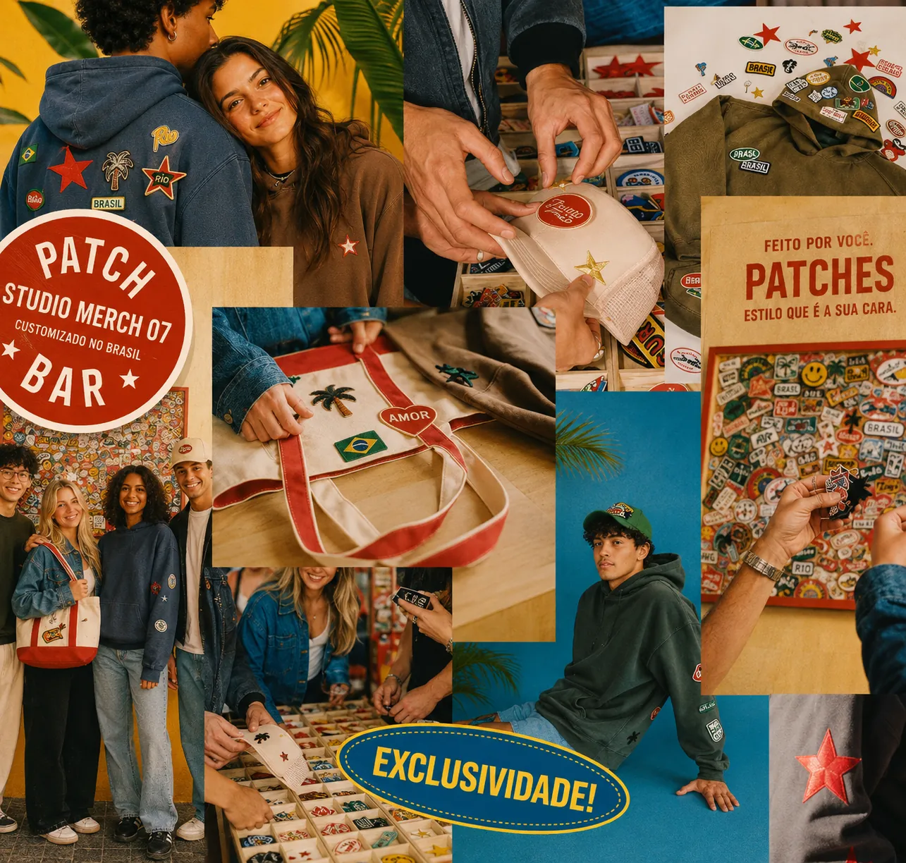 Colagem brasileira do Bar de Patches com Studio Merch 07 e Exclusividade.