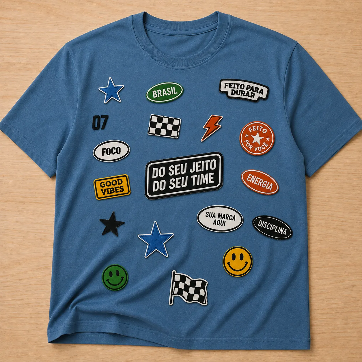 Camisetas personalizado com patches no estilo do Bar de Patches Studio Merch 07.