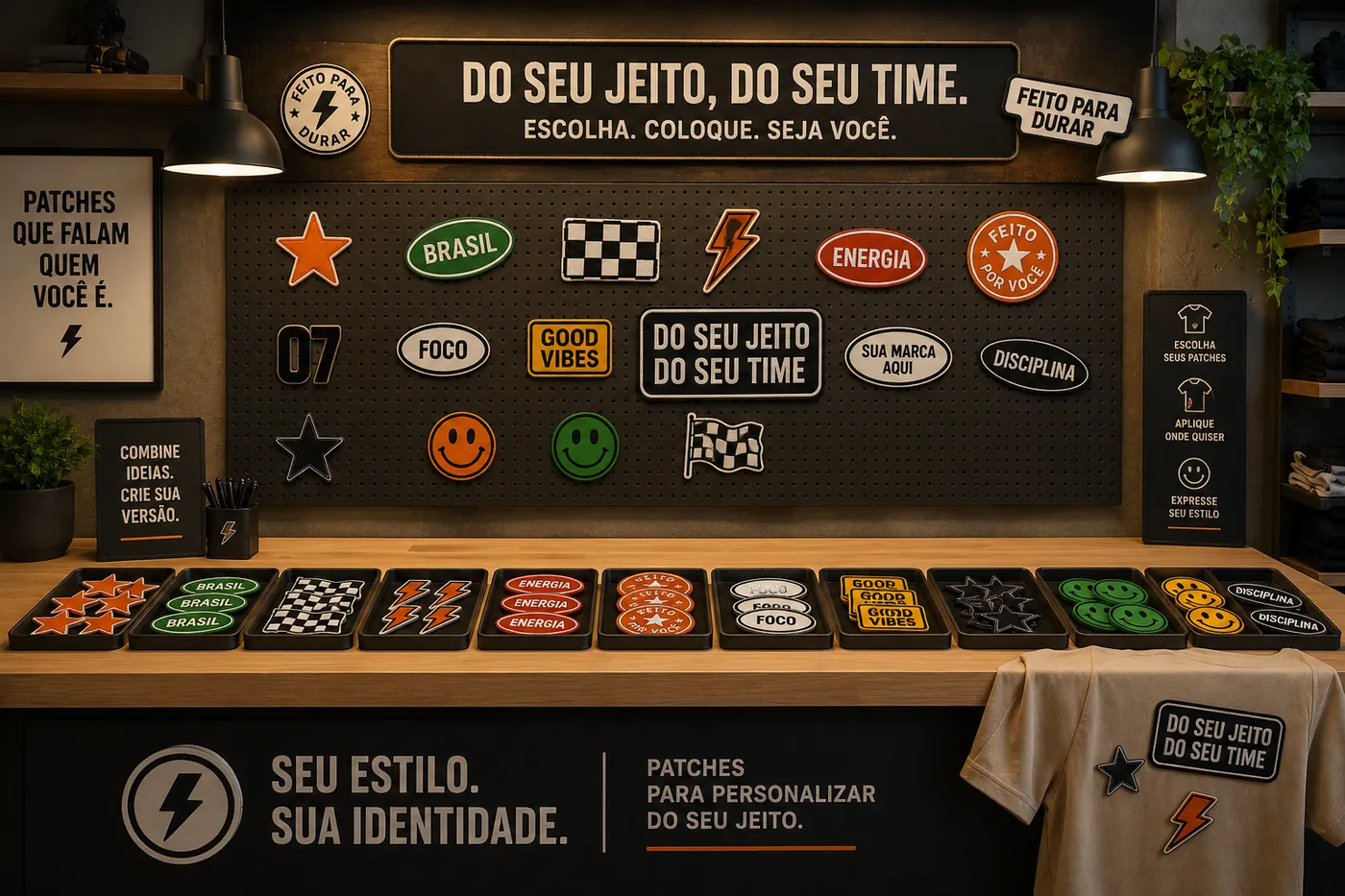 Balcão e mural de patches onde os participantes escolhem os patches para personalizar seus itens.